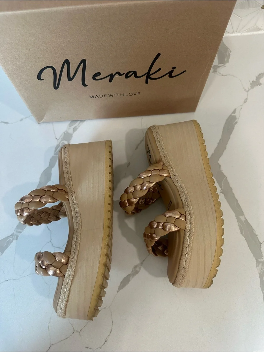 meraki Braided Platform Wedge Sandals in Metallic Tan